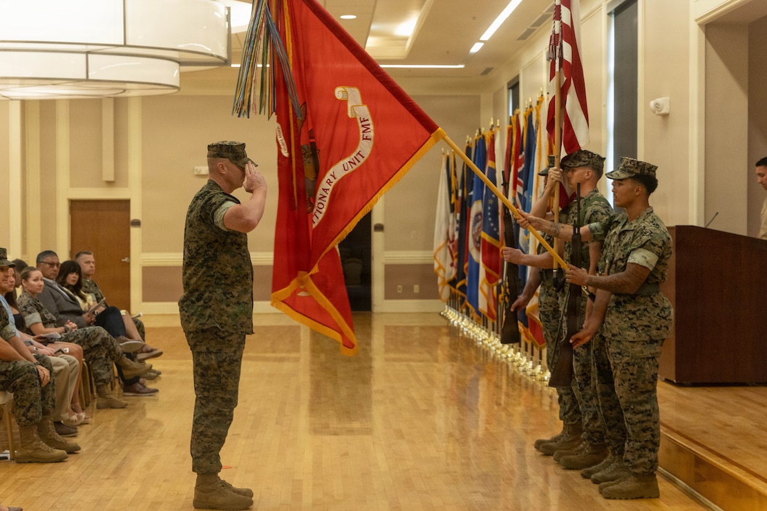 U.S. Marine Corps Col. Tom “Banshee” Trimble, outgoing commanding officer of the 22nd Marine Expeditionary Unit salutes during the 22nd MEU change of command ceremony Marine Corps Base Camp Lejeune, North Carolina, June 29, 2026. The ceremony signified the transfer of authority, accountability and leadership from Col. Tom Trimble, the off-going commanding officer of 22nd MEU, to Col. Jeremy Hawkins. (U.S. Marine Corps photo by Sgt. Emily Hazelbaker)