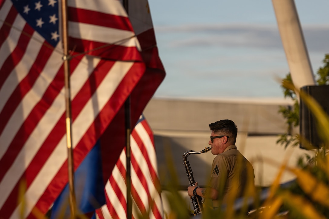 A U.S. Marine with the Marine Corps Forces Pacific Band perform at a concert in celebration of Freedom 250 at the SM Mall of Asia, Manila, Philippines, June 28, 2026. Marine Rotational Force – Southeast Asia supported communication coverage of the U.S. Marine Corps Forces, Pacific Band performance in Manila as part of the U.S. Embassy in the Philippines' Freedom 250 campaign. The concert celebrated the enduring friendship between the United States and the Philippines while commemorating the 250th anniversary of U.S. independence, 80 years of diplomatic relations, and the 75th anniversary of the Mutual Defense Treaty.