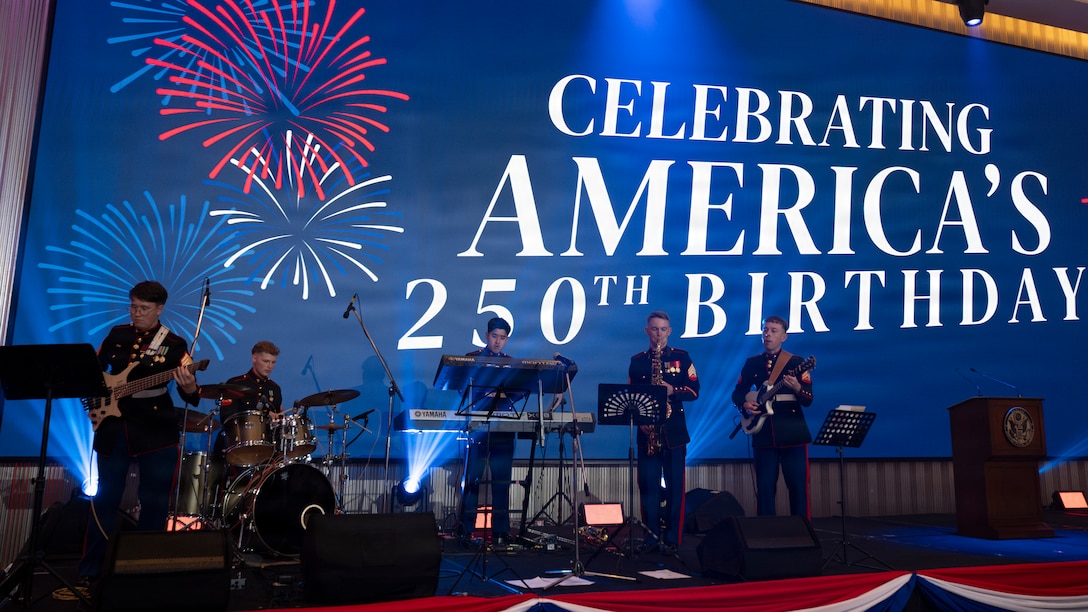 U.S. Marines with the III Marine Expeditionary Force Band perform in honor of the United States of America’s 250th anniversary celebration in Bangkok, Royal Kingdom of Thailand, June 25, 2026. The performance was held in support of the America250 initiative, which serves to commemorate the enduring legacy of the nation. United States embassies held events in support of the initiative to celebrate the resilience of their nation alongside their hosts, and to continue to strengthen the bonds between them. (U.S. Marine Corps photo by Gunnery Sgt. Shannon Doherty)
