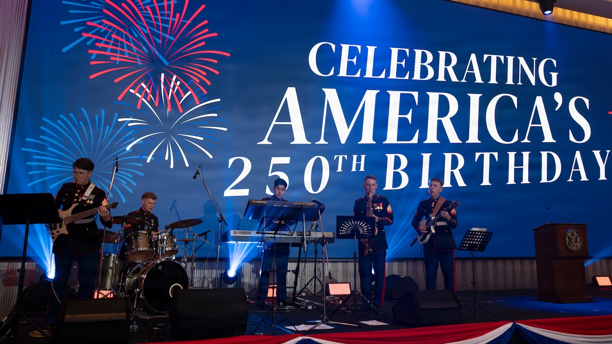 U.S. Marines with the III Marine Expeditionary Force Band perform in honor of the United States of America’s 250th anniversary celebration in Bangkok, Royal Kingdom of Thailand, June 25, 2026. The performance was held in support of the America250 initiative, which serves to commemorate the enduring legacy of the nation. United States embassies held events in support of the initiative to celebrate the resilience of their nation alongside their hosts, and to continue to strengthen the bonds between them. (U.S. Marine Corps photo by Gunnery Sgt. Shannon Doherty)