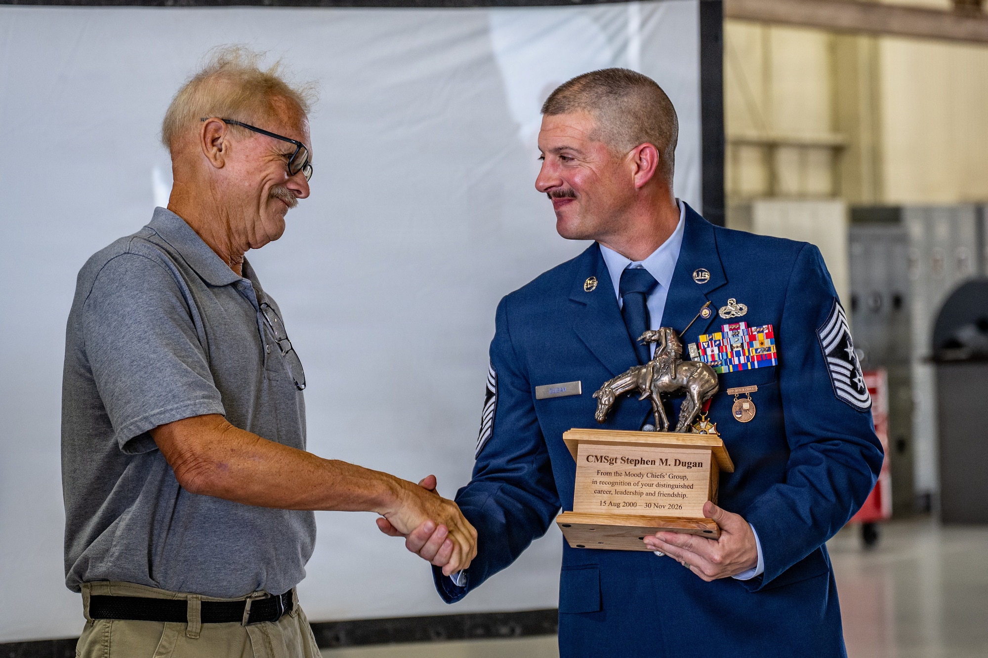 U.S. Air Force Chief Master Sgt. Stephen Dugan, 93d Air Ground Operations Wing former command chief, receives the Chief's Horse during his retirement ceremony at Moody Air Force Base, Georgia, June 26, 2026.
