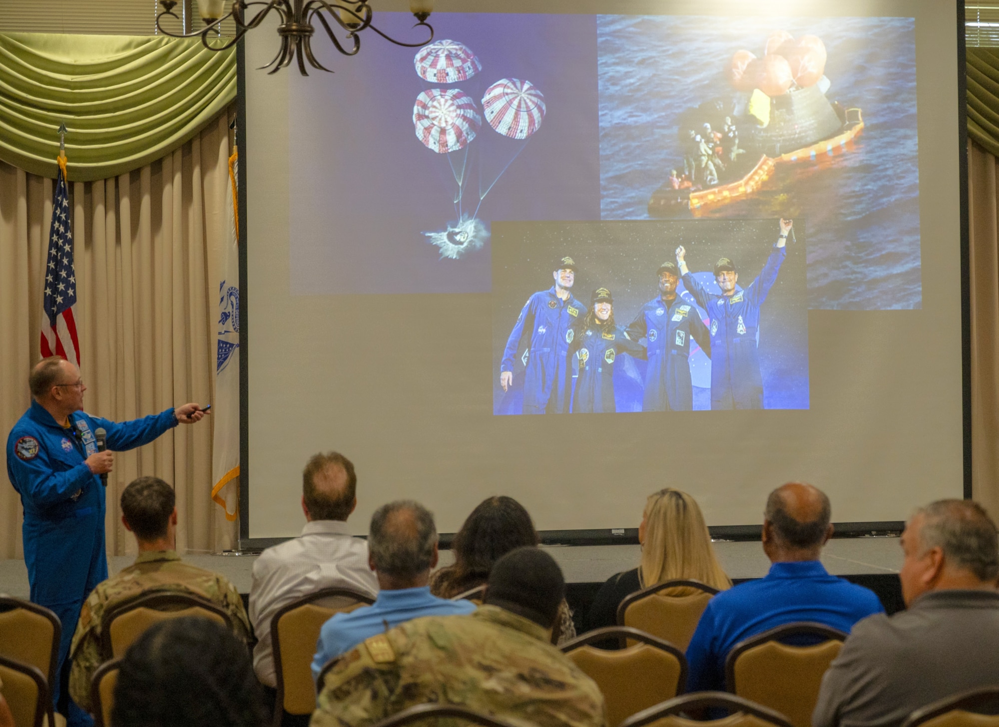 Retired U.S. Air Force Col. and NASA astronaut Michael Fincke speaks to Joint Base McGuire-Dix-Lakehurst personnel at JB MDL, N.J., June 22, 2026. Fincke, who joined the NASA astronaut corps in 1996 and has accumulated 549 days in space, brought his decades of military and spaceflight experience to the installation, speaking to both joint base personnel and their children during his visit. (U.S. Air Force photo by Susan Moriarty)