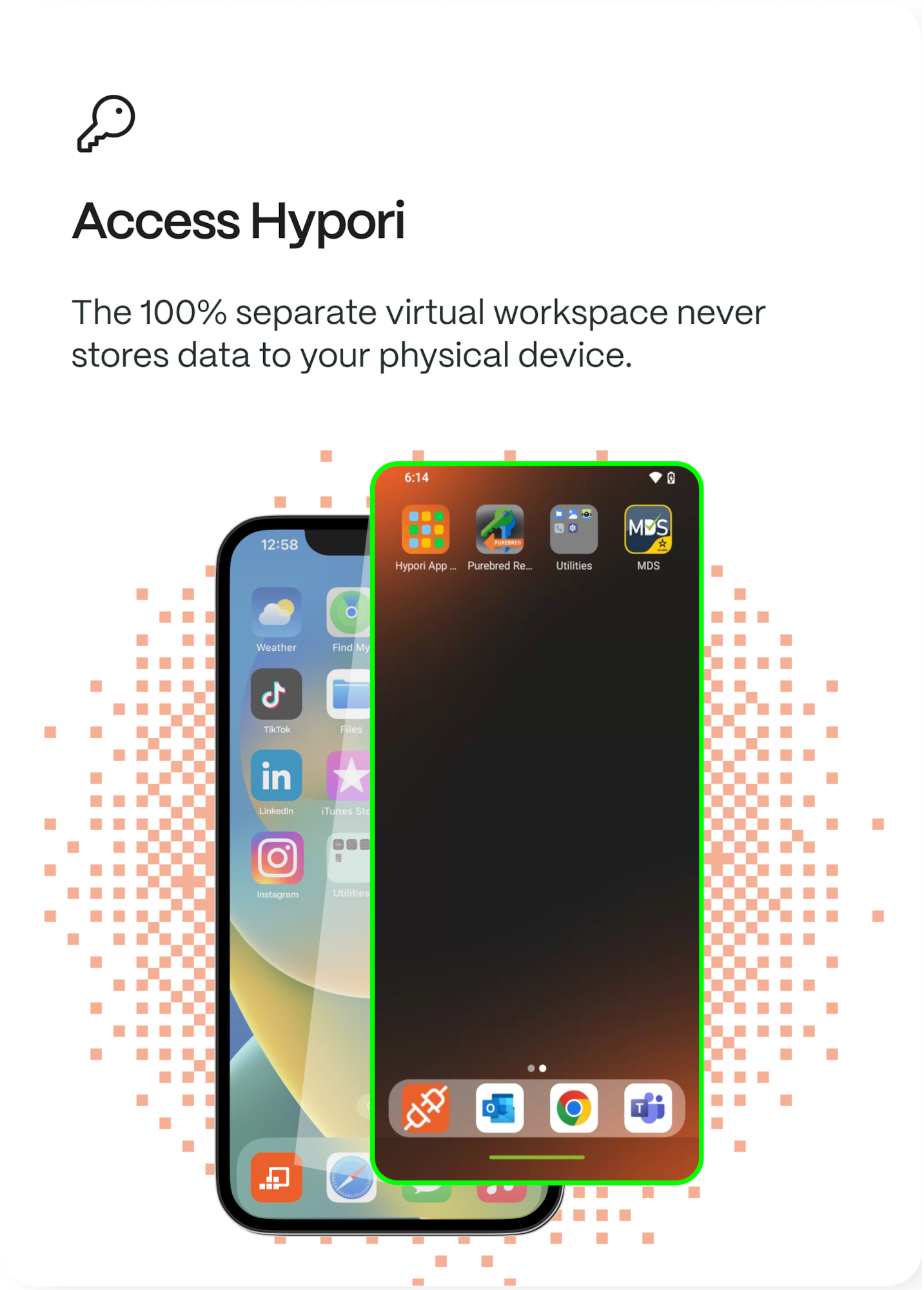 White white background with orange dots graphic and two mobile phones along with black text reads access hypori, the 100% seperate virtual workspace never stores data to your physical device
