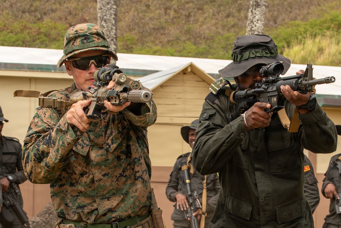 Marines, one in a camouflage uniform and the other in a green uniform, fire rifles as other service members behind them watch. A building and tree stalks are in the background.