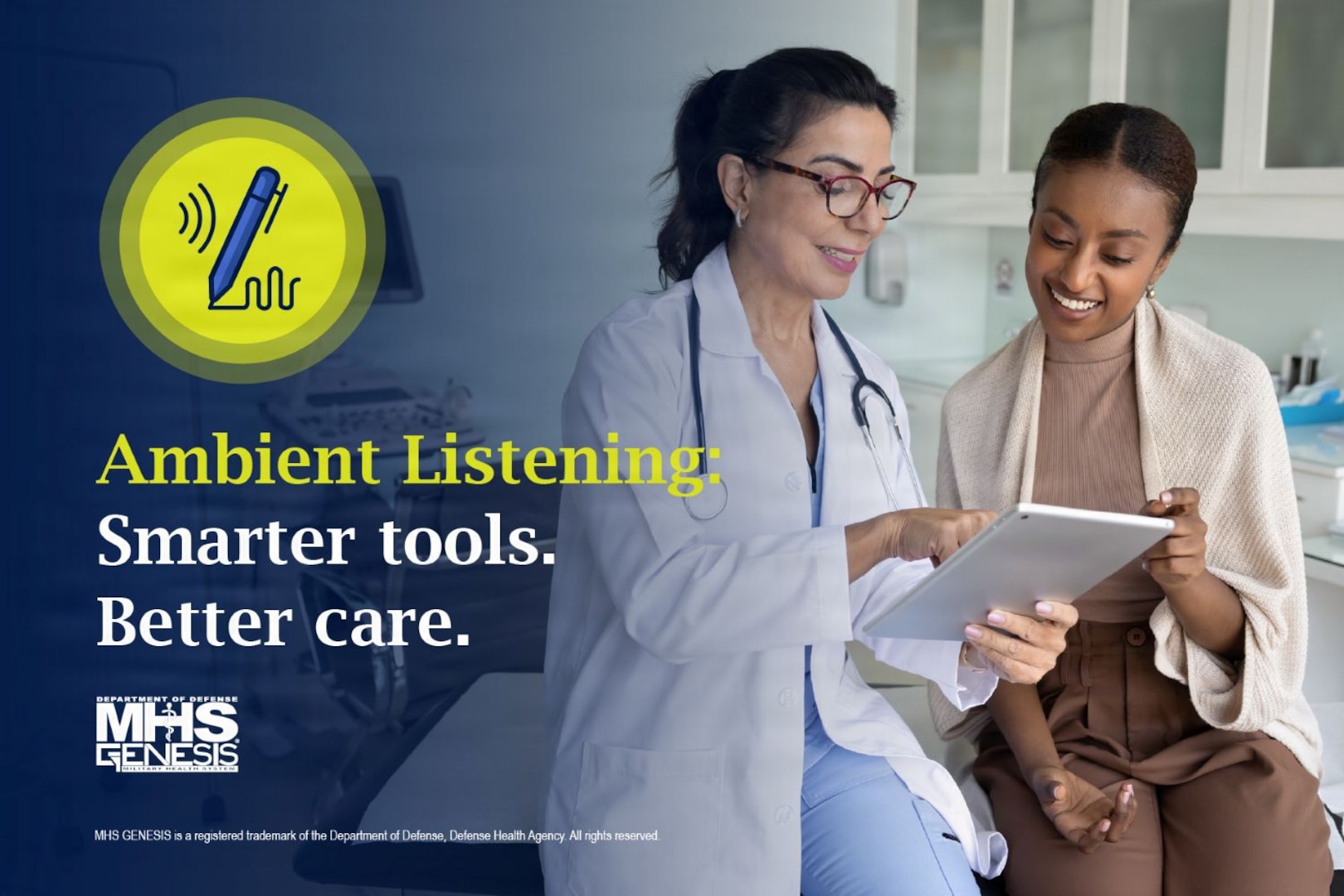 Provider wearing white coat and stethoscope shows clipboard to smiling patient.