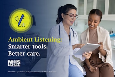 Provider wearing white coat and stethoscope shows clipboard to smiling patient.