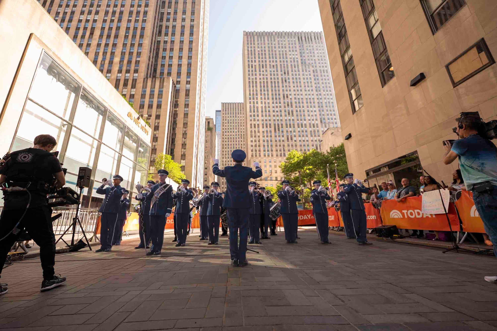 The Air Force Band plays with the New York City skyline behind them.