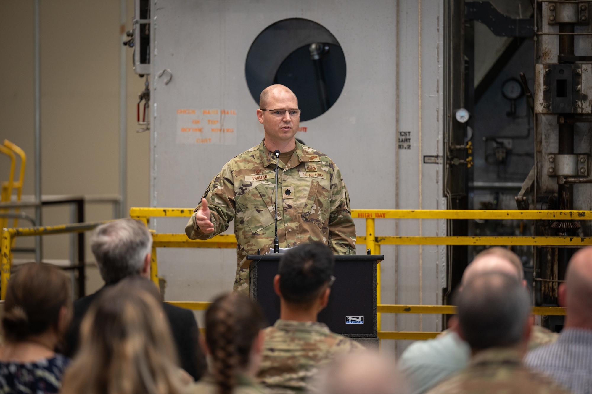 Lt. Col. Jason Thomas addresses those gathered to watch him take command of the 716th Test Squadron during a June 10, 2026, Change of Command ceremony at Arnold Air Force Base, Tenn., headquarters of Arnold Engineering Development Complex. Prior to assuming command of the 716 TS, Thomas served as director of operations of the 46th Test Squadron at Eglin Air Force Base, Florida. (U.S. Air Force photo by Keith Thornburgh)