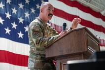 U.S. Air Force Col. George Hern, 91st Security Forces Group (SFG) incoming commander, renders remarks during a change of command ceremony at Minot Air Force Base, North Dakota, July 1, 2026. As the incoming commander, Hern will ensure that the 91st SFG is trained, organized and equipped to secure 150 Minuteman III missiles, launch facilities and 15 Missile Alert Facilities geographically separated throughout 8,500 square miles.