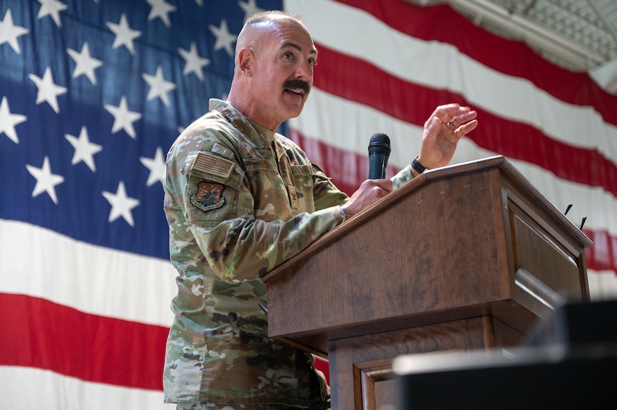 U.S. Air Force Col. George Hern, 91st Security Forces Group (SFG) incoming commander, renders remarks during a change of command ceremony at Minot Air Force Base, North Dakota, July 1, 2026. As the incoming commander, Hern will ensure that the 91st SFG is trained, organized and equipped to secure 150 Minuteman III missiles, launch facilities and 15 Missile Alert Facilities geographically separated throughout 8,500 square miles.