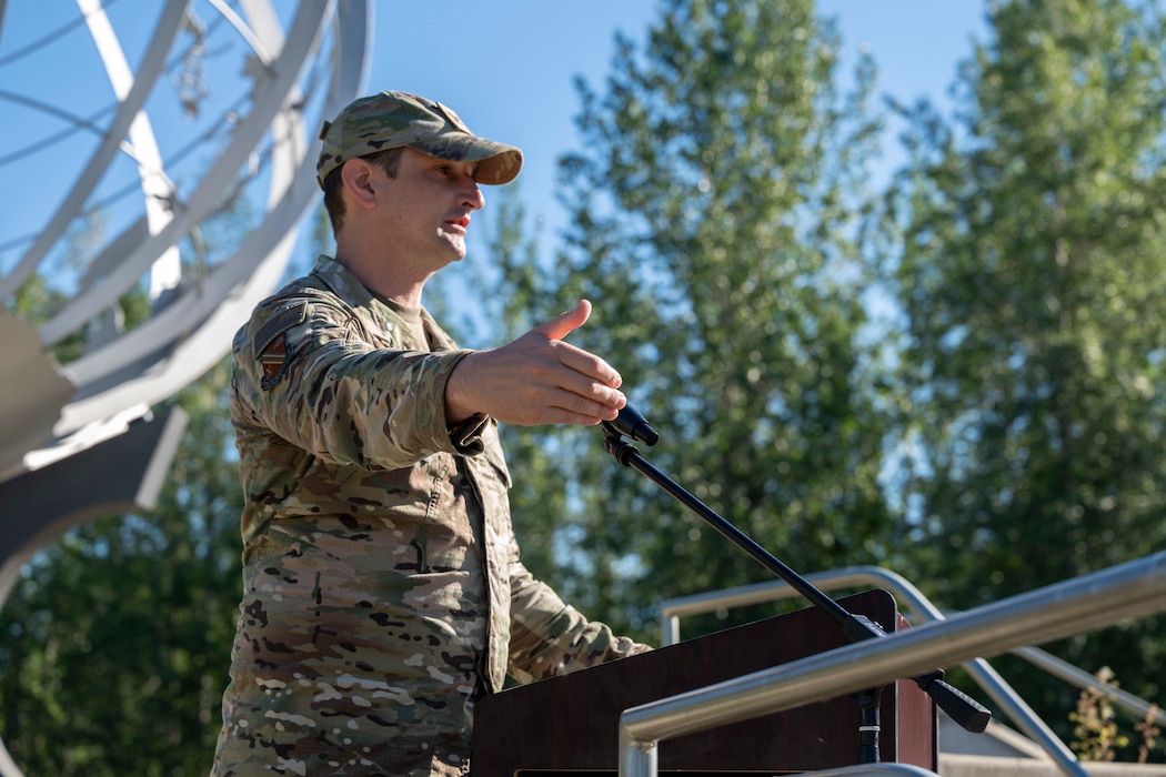 U.S. Air Force Col. Matthew Johnston, 354th Fighter Wing commander, gives a speech during an assumption of responsibility ceremony at Eielson Air Force Base, Alaska, July 2, 2026.