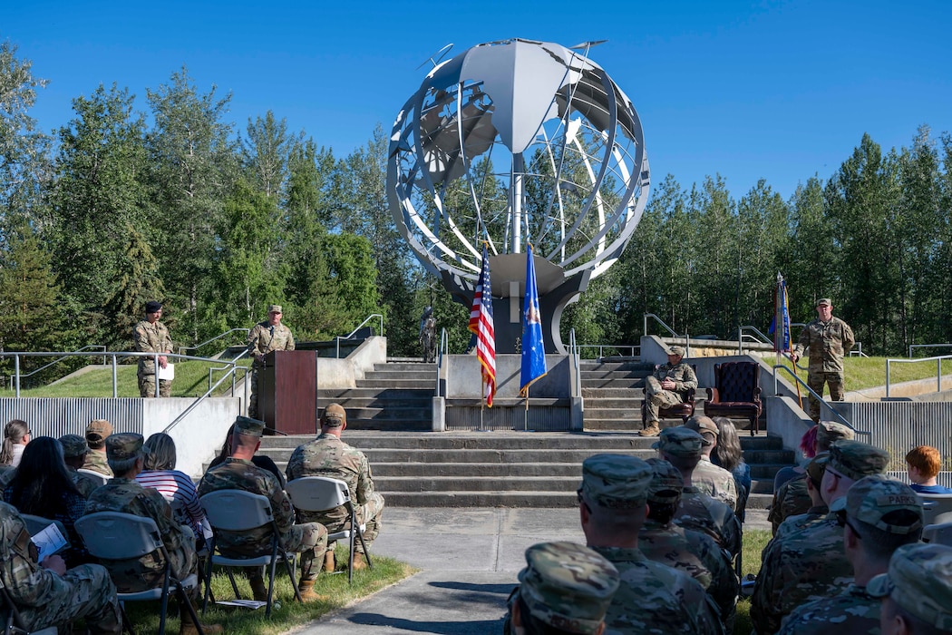 U.S. Air Force Chief Master Sgt. Ian Neske, 354th Fighter Wing command chief, gives a speech during an assumption of responsibility ceremony at Eielson Air Force Base, Alaska, July 2, 2026.