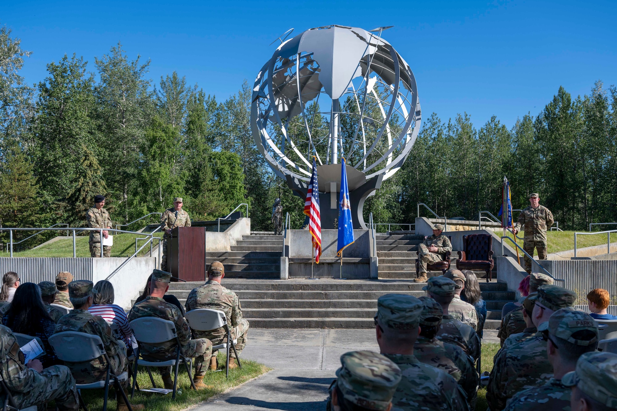 U.S. Air Force Chief Master Sgt. Ian Neske, 354th Fighter Wing command chief, gives a speech during an assumption of responsibility ceremony at Eielson Air Force Base, Alaska, July 2, 2026.