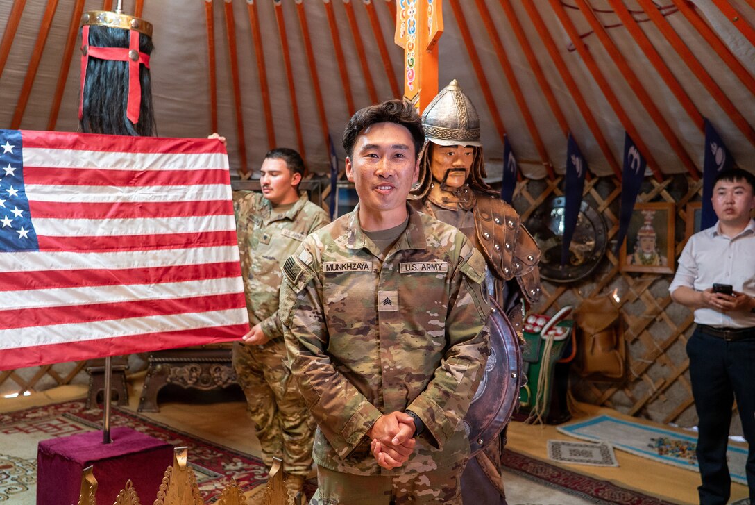 U.S. Army Sgt. Munk Munkhzaya, a finance technician assigned to the 125th Finance Battalion, 8th Theater Sustainment Command, speaks during his reenlistment ceremony inside a traditional Mongolian ger at Five Hills Training Area, Mongolia, July 2, 2026