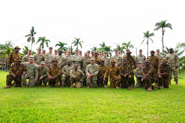 U.S. Army Soldiers from the 844th Engineer Battalion and Papua New Guinea Defense Forces pose for a group photo during Exercise Tamiok Strike 26 at Igam Barracks, Lae, Papua New Guinea, July 7, 2026.