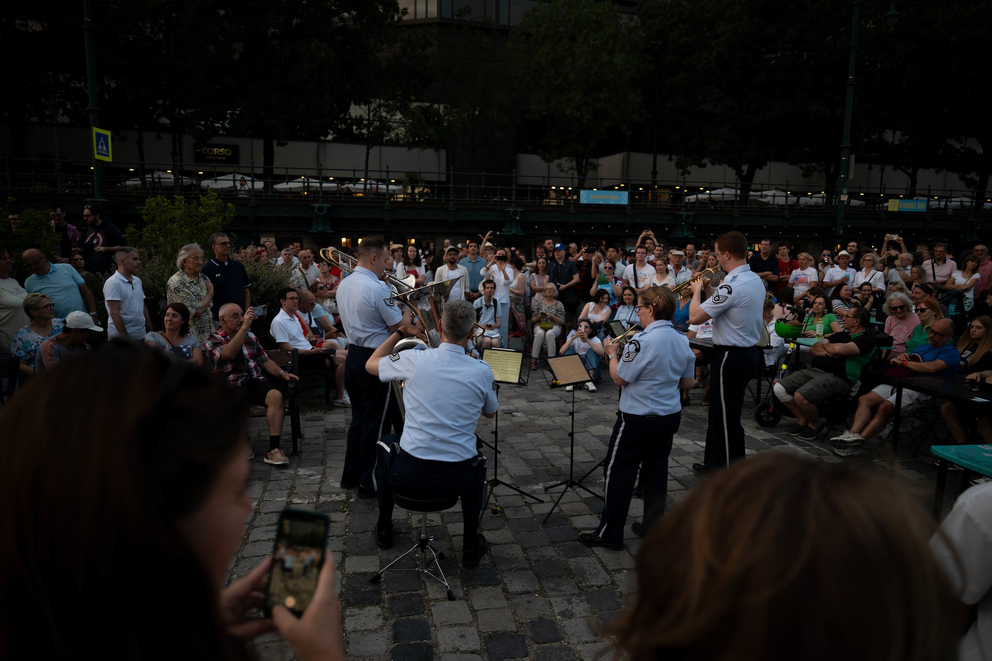 The United States Air Forces in Europe and Air Forces Africa, Five Star Brass Band plays the final concert of their Freedom 250 tour for a Hungarian and American crowd in Budapest, July 5, 2026.