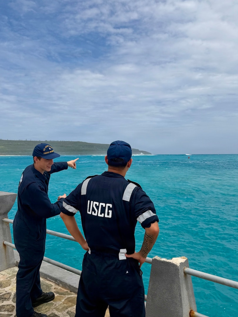 On July 8, 2026, U.S. Coast Guard crews continue to assess and work to rectify aids to navigation, waterways, and channel conditions across the Marianas following Super Typhoon Bavi, working toward reopening ports to commercial operations as soon as it is safe to do so. (U.S. Coast Guard photo)