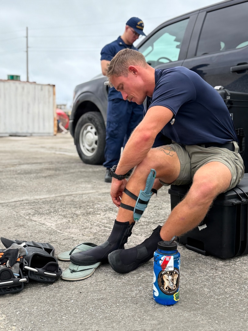 On July 8, 2026, U.S. Coast Guard crews continue to assess and work to rectify aids to navigation, waterways, and channel conditions across the Marianas following Super Typhoon Bavi, working toward reopening ports to commercial operations as soon as it is safe to do so. (U.S. Coast Guard photo)