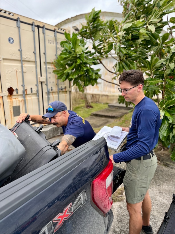 On July 8, 2026, U.S. Coast Guard crews continue to assess and work to rectify aids to navigation, waterways, and channel conditions across the Marianas following Super Typhoon Bavi, working toward reopening ports to commercial operations as soon as it is safe to do so. (U.S. Coast Guard photo)