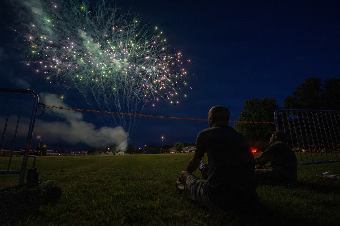 Attendees of Marine Corps Base Quantico’s Fourth of July celebration observe the fireworks display at Lejeune Field on MCB Quantico, Virginia, July 2, 2026. The event featured multiple performances and outdoor activities for families, friends and service members to celebrate the nation’s 250th birthday. (U.S. Marine Corps photo by Cpl. Joshua Munsen)