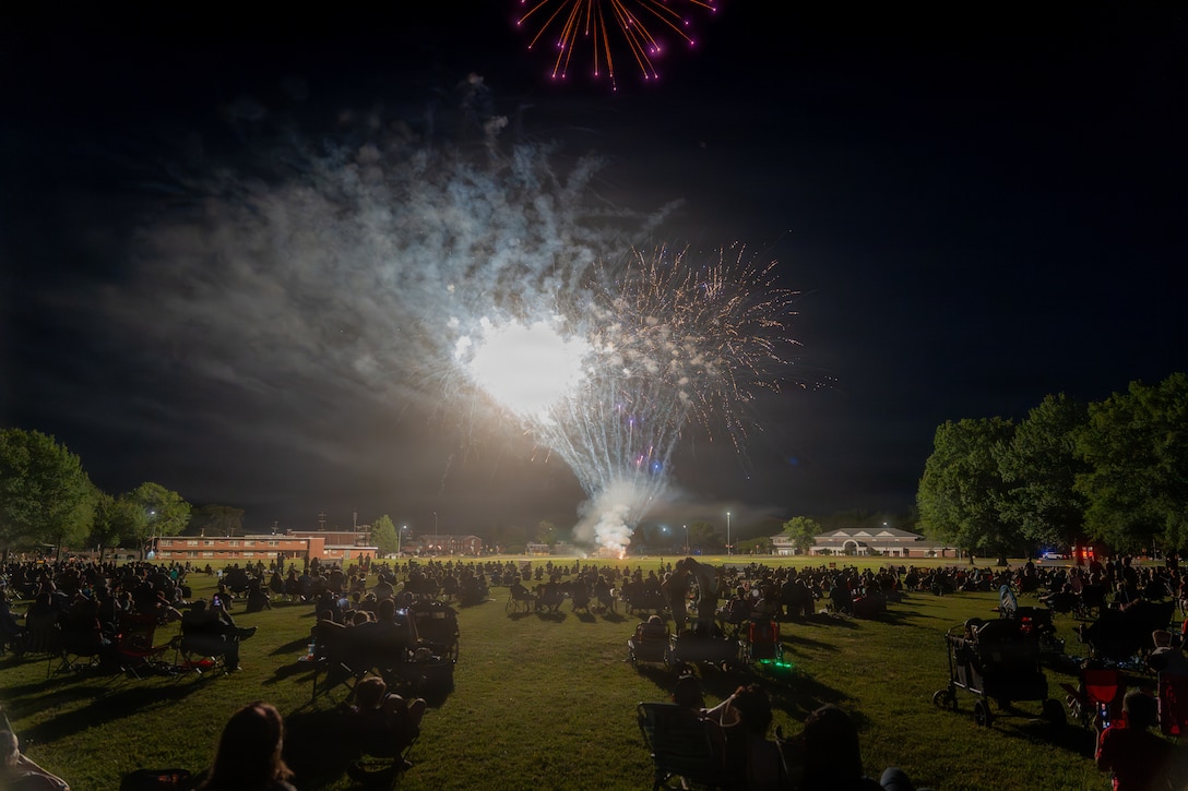 Attendees of Marine Corps Base Quantico’s Fourth of July celebration observe the fireworks display at Lejeune Field on MCB Quantico, Virginia, July 2, 2026. The event featured multiple performances and outdoor activities for families, friends and service members to celebrate the nation’s 250th birthday. (U.S. Marine Corps photo by Cpl. Joshua Munsen)