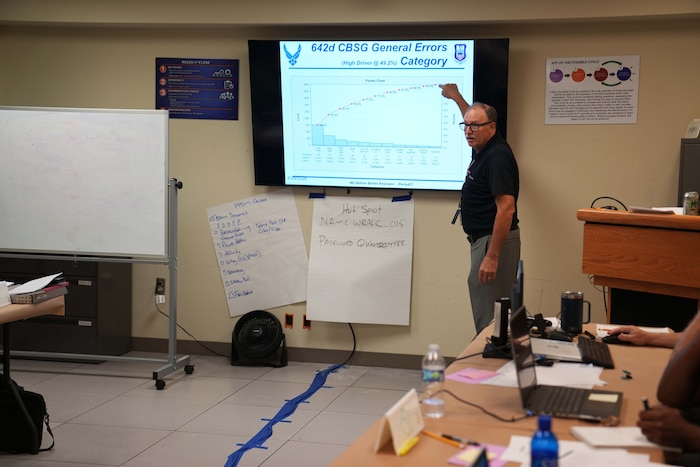 Photo shows man pointing to presentation screen