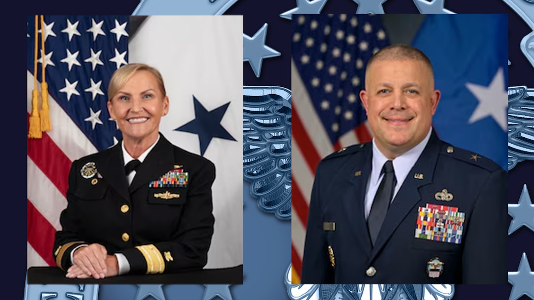 graphic with two headshots - woman in Navy uniform on left and man in Air Force uniform on right