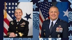 graphic with two headshots - woman in Navy uniform on left and man in Air Force uniform on right