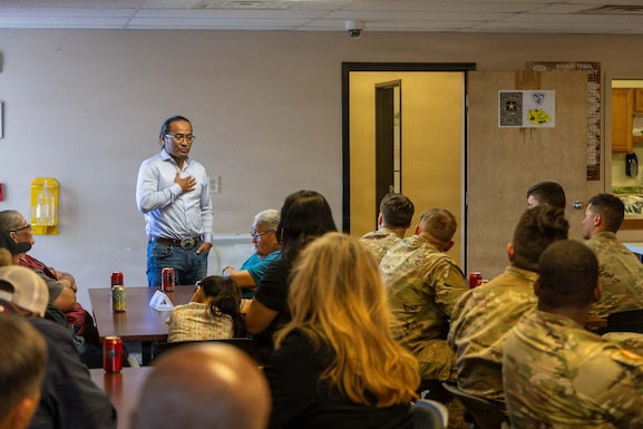 Navajo Nation President Buu Nygren recognized the ongoing mission of U.S. Army Reserve Soldiers to expand electrical infrastructure across tribal lands during an appreciation dinner honoring Delta Company, 249th Engineer Battalion (Prime Power), in Winslow, Arizona, on May 6, 2026. Delta Company is installing approximately 150 main distribution power poles and lines over a 10‑mile stretch, a project that will help connect more than 18 homes to electricity within the Navajo Nation. (U.S. Army Reserve photo by Staff Sgt. David Cook)