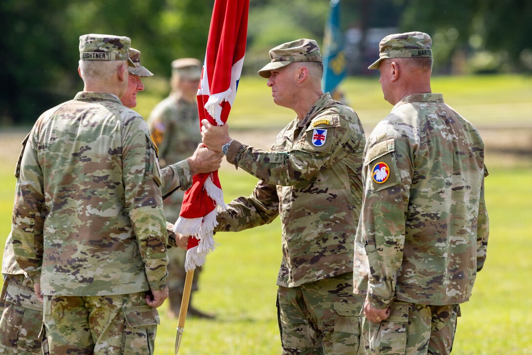 Soldiers, family members, civilian teammates and distinguished guests gather for the 412th Theater Engineer Command change of command ceremony at Fort Bragg, North Carolina, June 6, 2026. During the ceremony, Maj. Gen. Matthew S. Warne relinquished command of the 412th TEC to Maj. Gen. Kent J. Lightner, formally transferring responsibility and authority for one of the U.S. Army Reserve’s premier engineer organizations. The event honored Warne’s service and leadership while welcoming Lightner as the command’s new commanding general. (U.S. Army Reserve photo by Staff Sgt. David Cook)