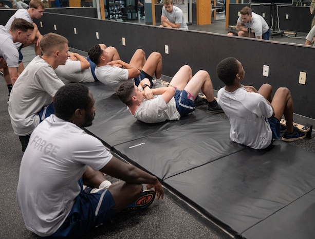 U.S. Airmen participate in the physical fitness readiness assessment.