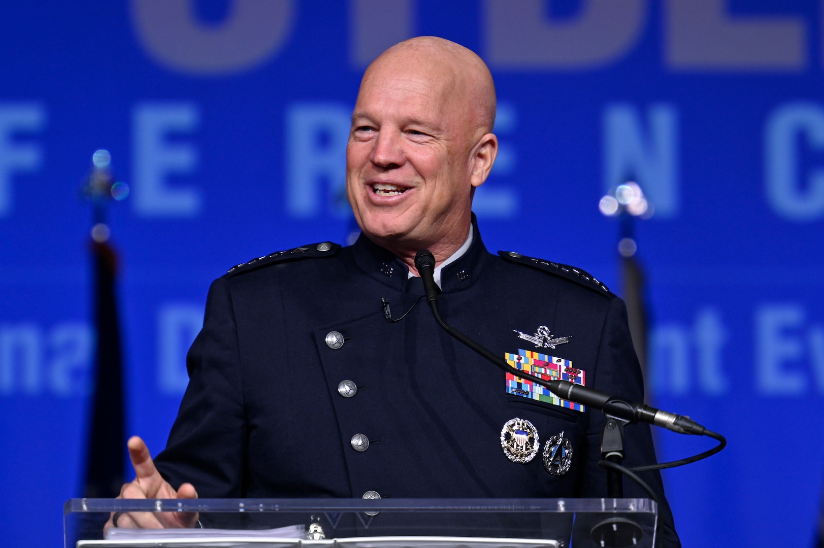 Chief of Space Operations Gen. John W. “Jay” Raymond delivers a keynote address on the state of the Space Force during the 2022 Air, Space and Cyber Conference in National Harbor, Md.