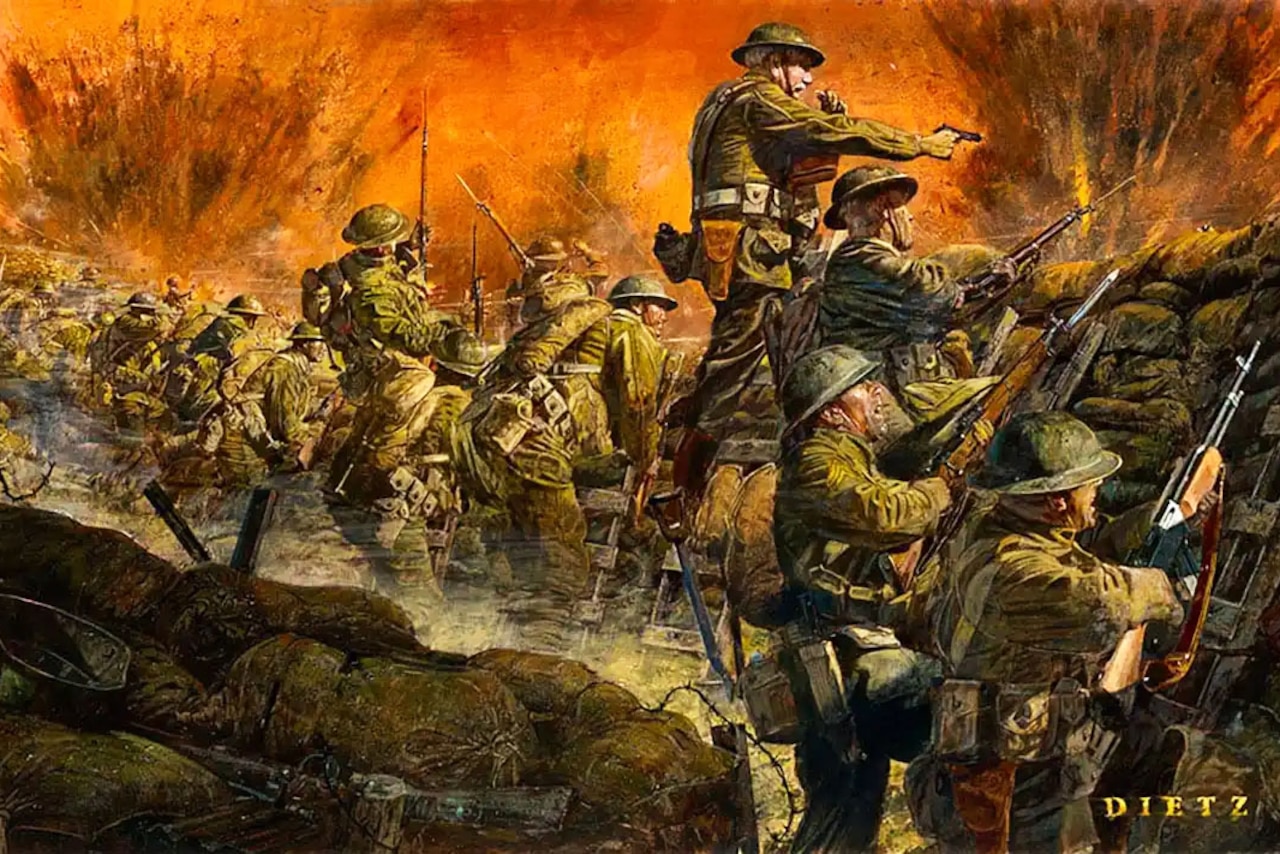 A painting of soldiers fighting behind a berm.