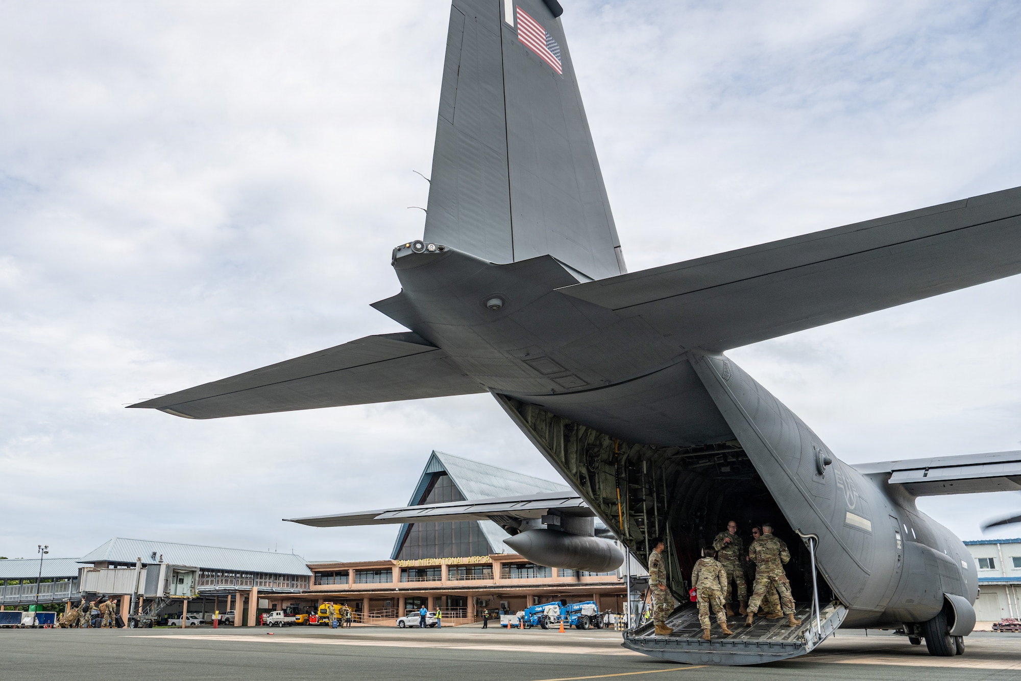 A C-130J Super Hercules prepares for departure after offloading crew at the Palau International Airport, Northern Mariana Islands, June 25, 2026, in support of VALIANT SHIELD 2026. Exercises like VALIANT SHIELD allow Pacific Command Joint Forces the opportunity to integrate forces from all branches of service and with our allies to conduct precise, lethal, and overwhelming multi-axis, multi-domain effects that demonstrate the strength and versatility of the joint force and our commitment to a free and open Indo-Pacific. (U.S. Air Force photo by Airman 1st Class Caleb Schellenberg)
