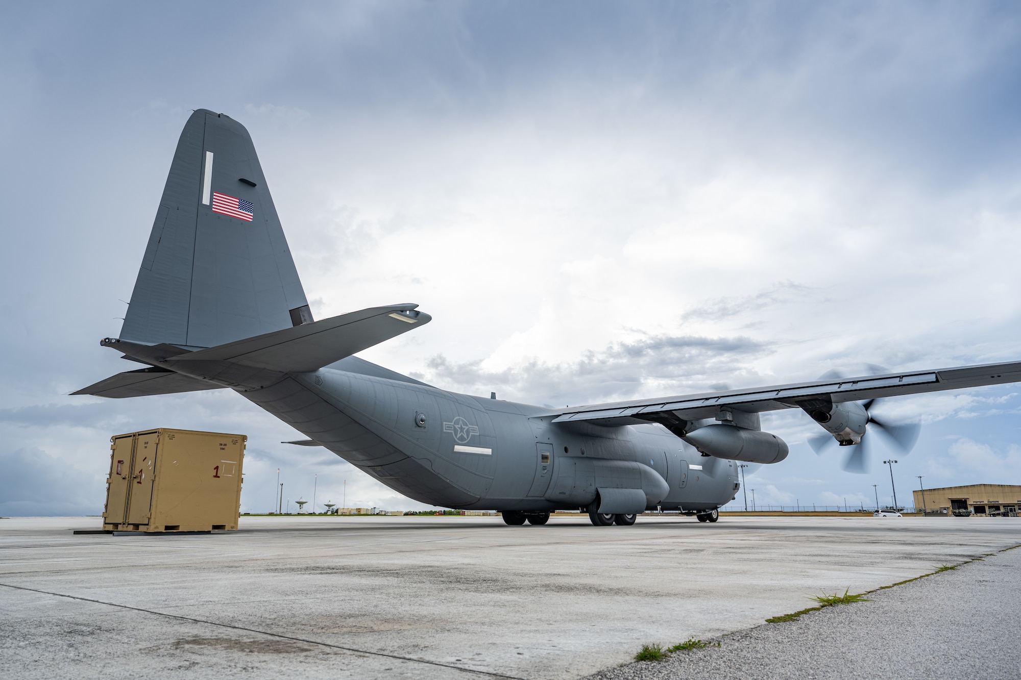 Cargo is offloaded from a C-130J Super Hercules during combat offload Method C training at Andersen Air Force Base, Guam, June 24, 2026, in support of VALIANT SHIELD 2026. Exercises like VALIANT SHIELD allow Pacific Command Joint Forces the opportunity to integrate forces from all branches of service and with our allies to conduct precise, lethal, and overwhelming multi-axis, multi-domain effects that demonstrate the strength and versatility of the joint force and our commitment to a free and open Indo-Pacific. (U.S. Air Force photo by Airman 1st Class Caleb Schellenberg)