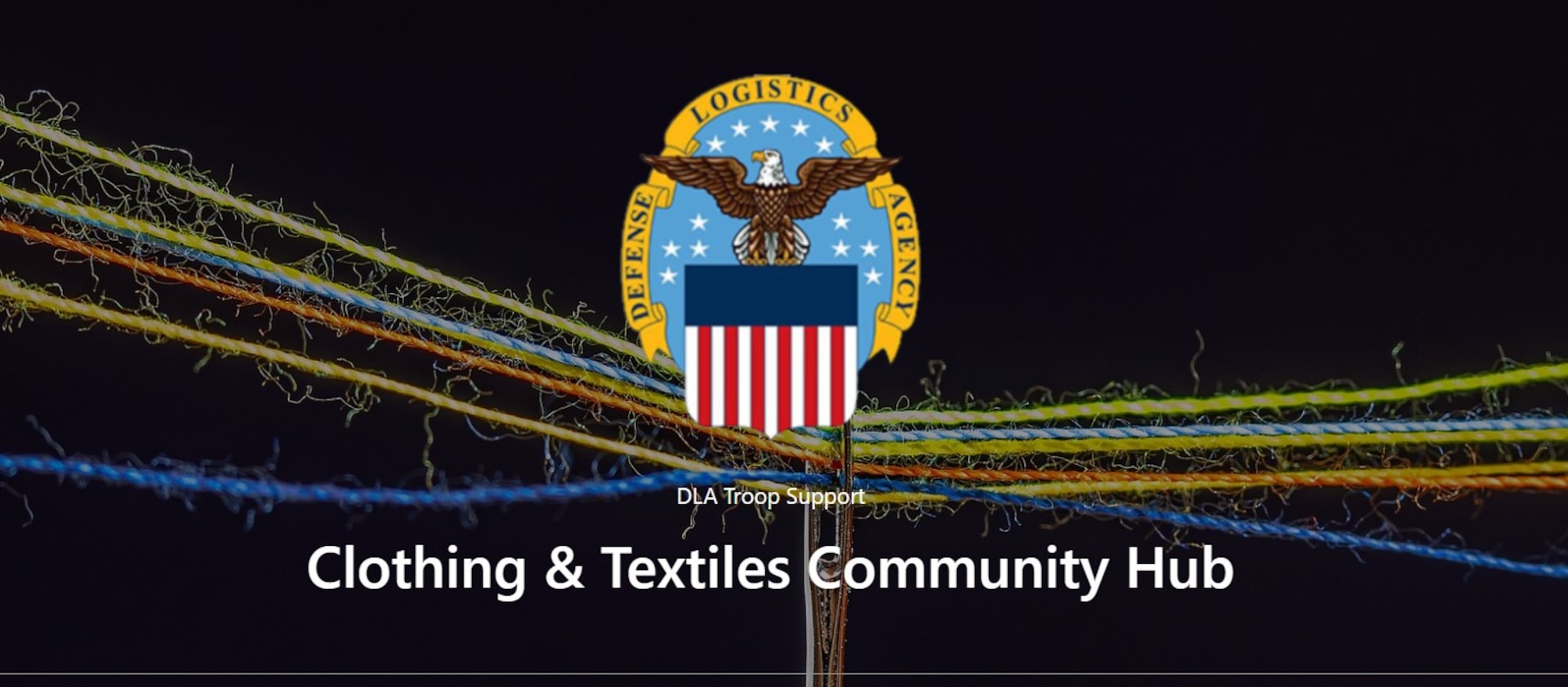 Navy blue graphic with DLA emblem reads "Clothing & Textiles Community Hub"