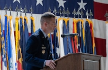 U.S. Air Force Col. George Chapman, incoming 91st Missile Wing (91st MW) commander, gives remarks after becoming the 91st MW commander during a change of command ceremony at Minot Air Force Base, North Dakota, July 8, 2026. Chapman pledged to build on the 91st MW legacy by remaining dedicated to the mission and the people who make it possible. He assured those in attendance that the team will continue to be loyal in service, steadfast in resolve and lethal in combat capability. (U.S. Air Force photo by Senior Airman Wesley Davies)