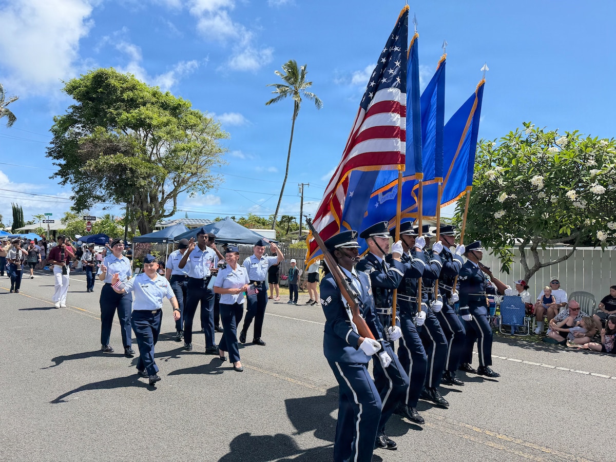 U.S. Air Force Airmen from Pacific Air Forces march during an Independence Day parade in honor of Freedom 250 in Kailua, Hawaii, July 4, 2026.