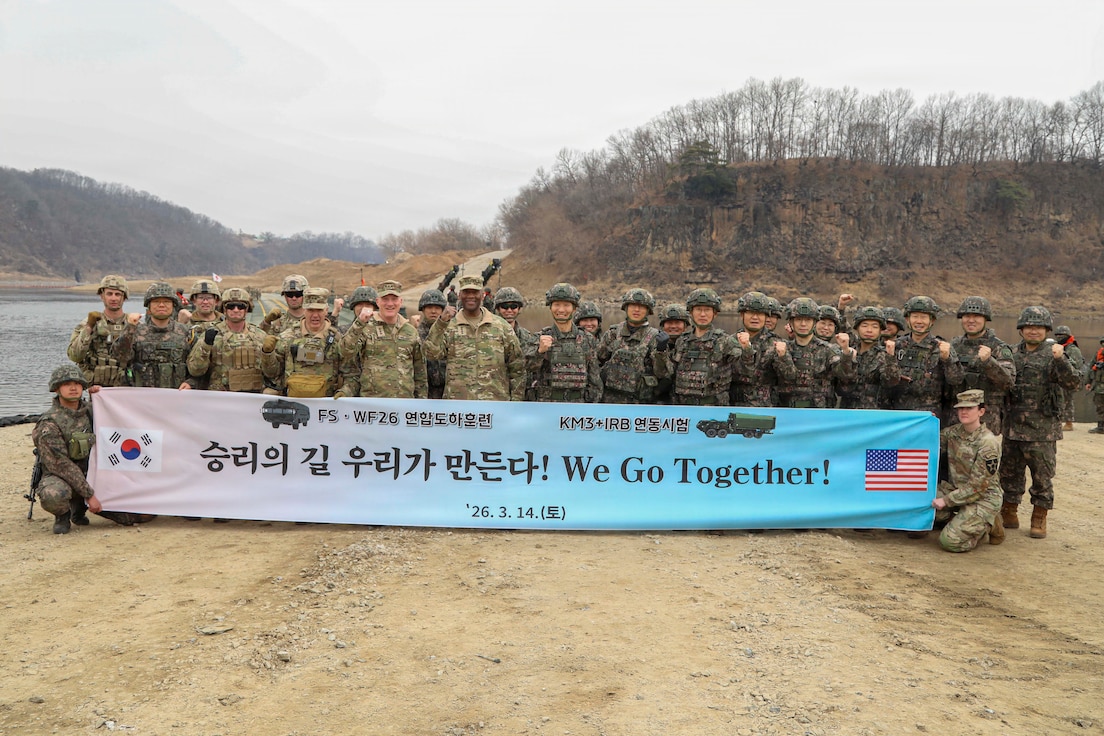 (Front third from left to right) U.S. Army Maj. Gen. Charles T. Lombardo,  commander of 2nd Infantry Division/ROK-U.S. Combined Division, U.S. Army Lt. Gen. Joseph E. Hilbert, commander of 8th Army, U.S. Army Gen. Xavier T. Brunson, commander of United Nations Command, Combined Forces Command, and U.S. Forces Korea, and Republic of Korea Gen. Sungmin Kim, deputy commander of Combined Forces Command, pose for a group photo with U.S. and South Korean troops during Freedom Shield 26 near Yeoncheon, South Korea,