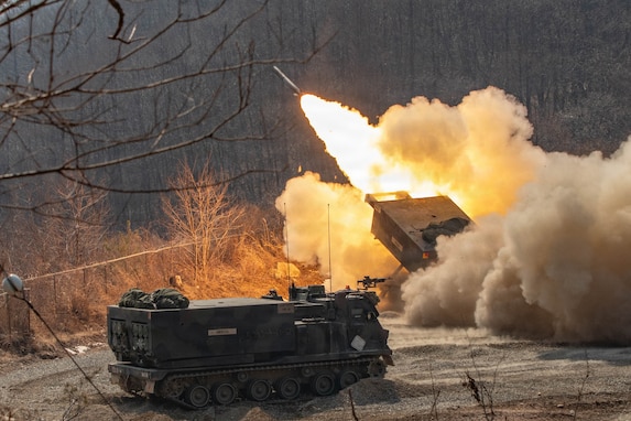 An M270A1 Multi Launch Rocket System, operated by U.S. Army Soldiers with the 210th Field Artillery Brigade, fires a rocket during the Freedom Shield 2026 exercise at Rocket Valley, South Korea.