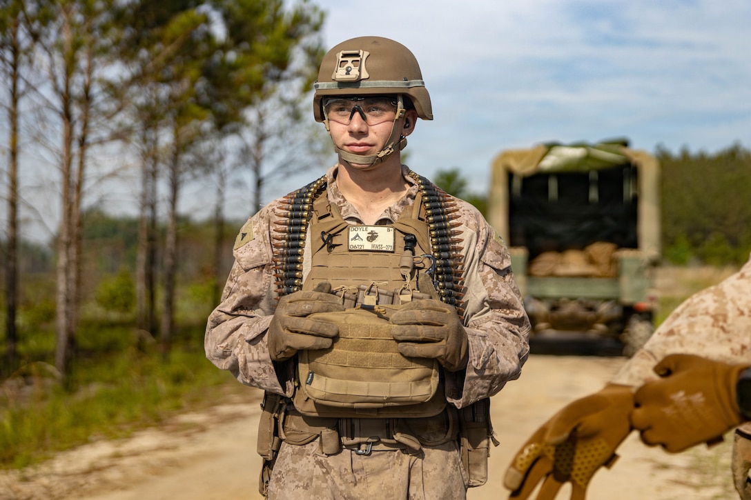 U.S. Marine Corps Lance Cpl. Darrian Doyle, combat engineer, Marine Wing Support Squadron 273, Marine Air Control Group 28, 2nd Marine Aircraft Wing, poses for a photo during a field exercise at Townsend Bombing Range, Georgia, May 6, 2026. This FEX was conducted to sustain MWSS-273’s proficiency in mission-essential tasks and increase readiness for the upcoming Weapons and Tactics Instructor course 1-27. (U.S. Marine Corps photo by Cpl. Isabella L. Renaud)