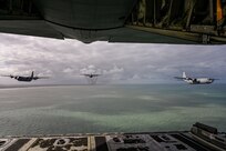 U.S. Air Force C-130 aircraft fly in formation over the coastal regions of France, June 05, 2026, in support of D-Day 82nd anniversary events in Normandy, France. The return of American aircraft to Normandy serves as a visible reminder of the enduring friendship between the people of France and the United States.