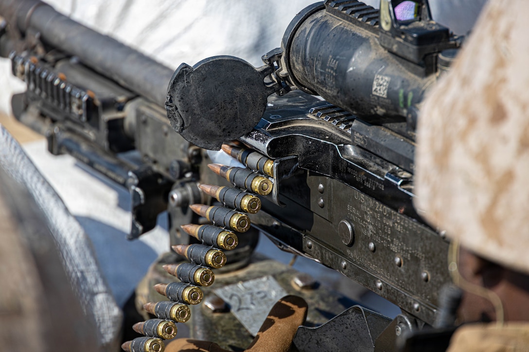 U.S. Marines with Marine Wing Support Squadron 273, Marine Air Control Group 28, 2nd Marine Aircraft Wing, fire M240B machine guns while conducting a field exercise at Townsend Bombing Range, Georgia, May 6, 2026. This FEX was conducted to sustain MWSS-273’s proficiency in mission-essential tasks and increase readiness for the upcoming Weapons and Tactics Instructor course 1-27. (U.S. Marine Corps photo by Cpl. Isabella L. Renaud[N)