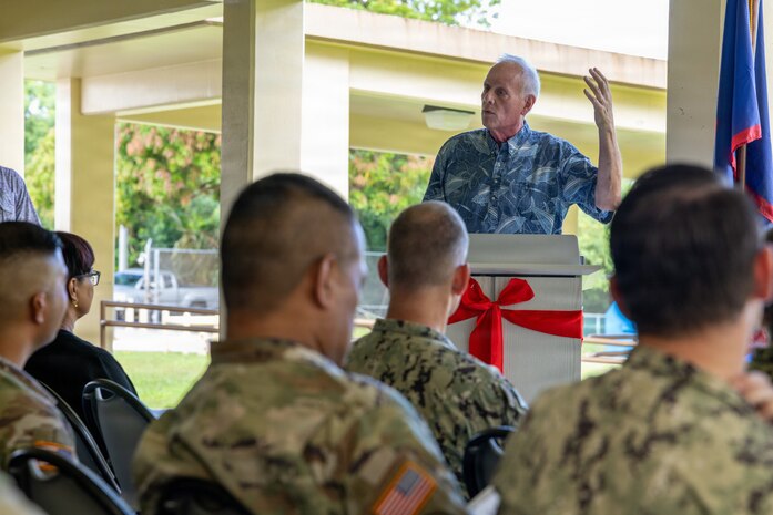 Dr. John Wood, U.S. Pacific Command’s J7 Training and Exercises Deputy Director, offers remarks during a ribbon-cutting ceremony for the Pacific Multi-Domain Training and Experimentation Capability Forward - Guam facility at Building 4175 on U.S. Naval Base Guam, June 22, 2026.