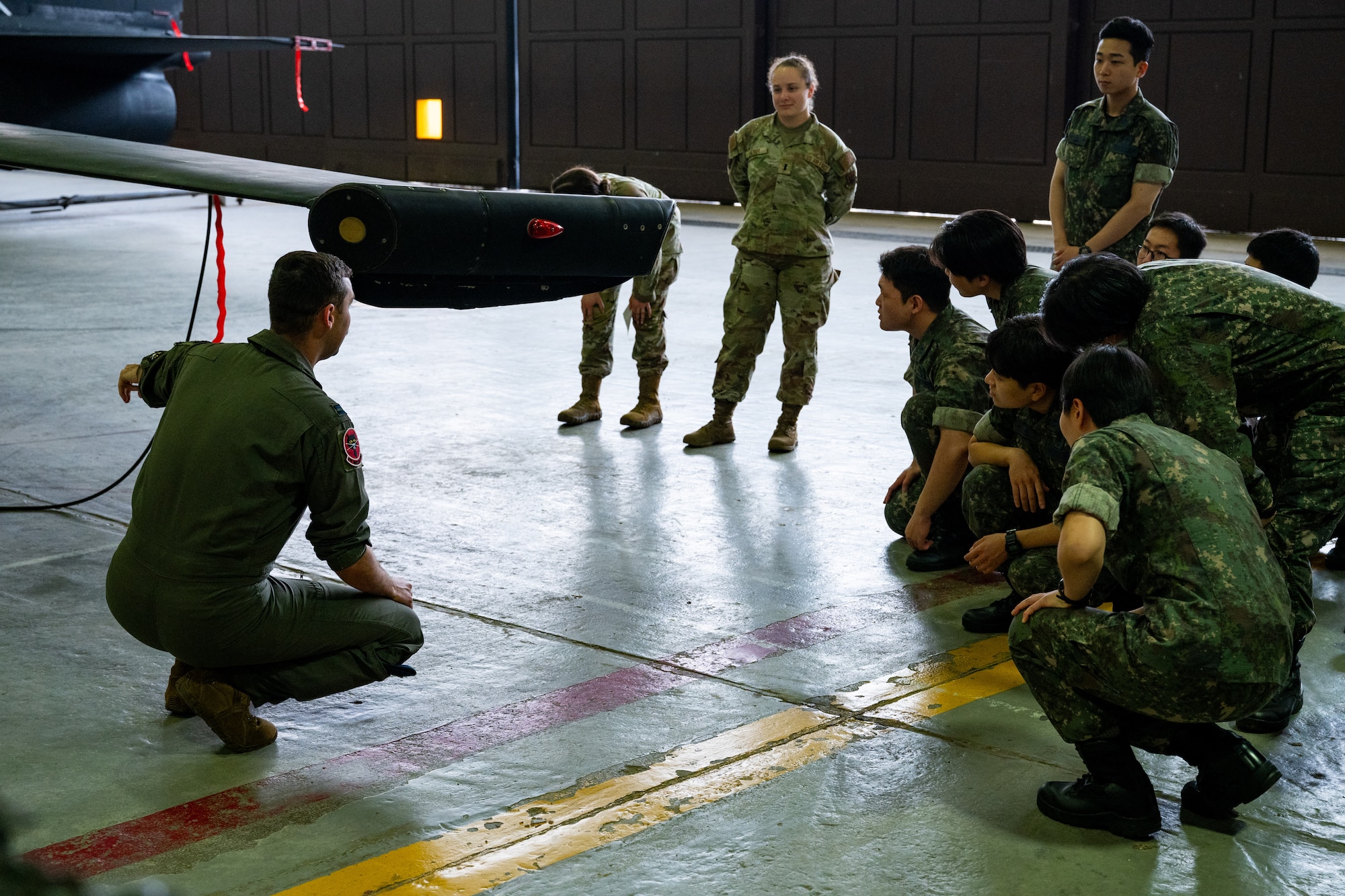 A pilot briefs an aircraft's capabilities to ROKAF Airmen.