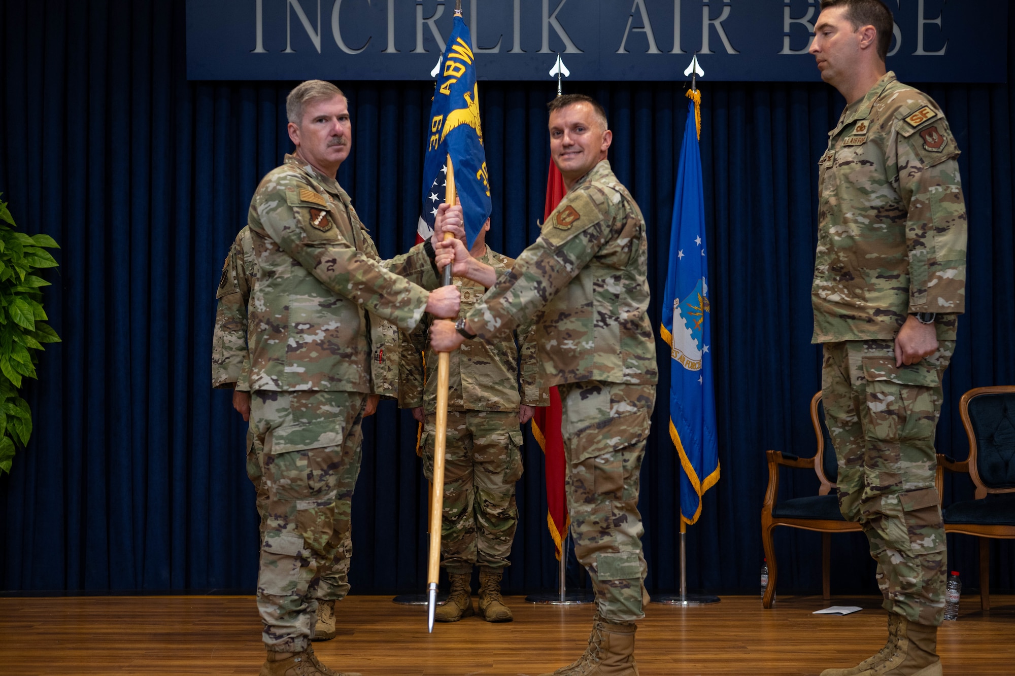 U.S. Air Force Col. Albert Esposito, 39th Air Base Wing commander, receives the guidon from Col. John Szczepanski, 39th Weapons System Security Group outgoing commander.