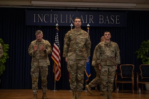 U.S. Air Force Col. Albert Esposito, 39th Air Base Wing commander, Col. Matthew McGinnis, 39th Weapons System Security Group incoming commander, and Col. John Szczepanski, 39th WSSG outgoing commander.