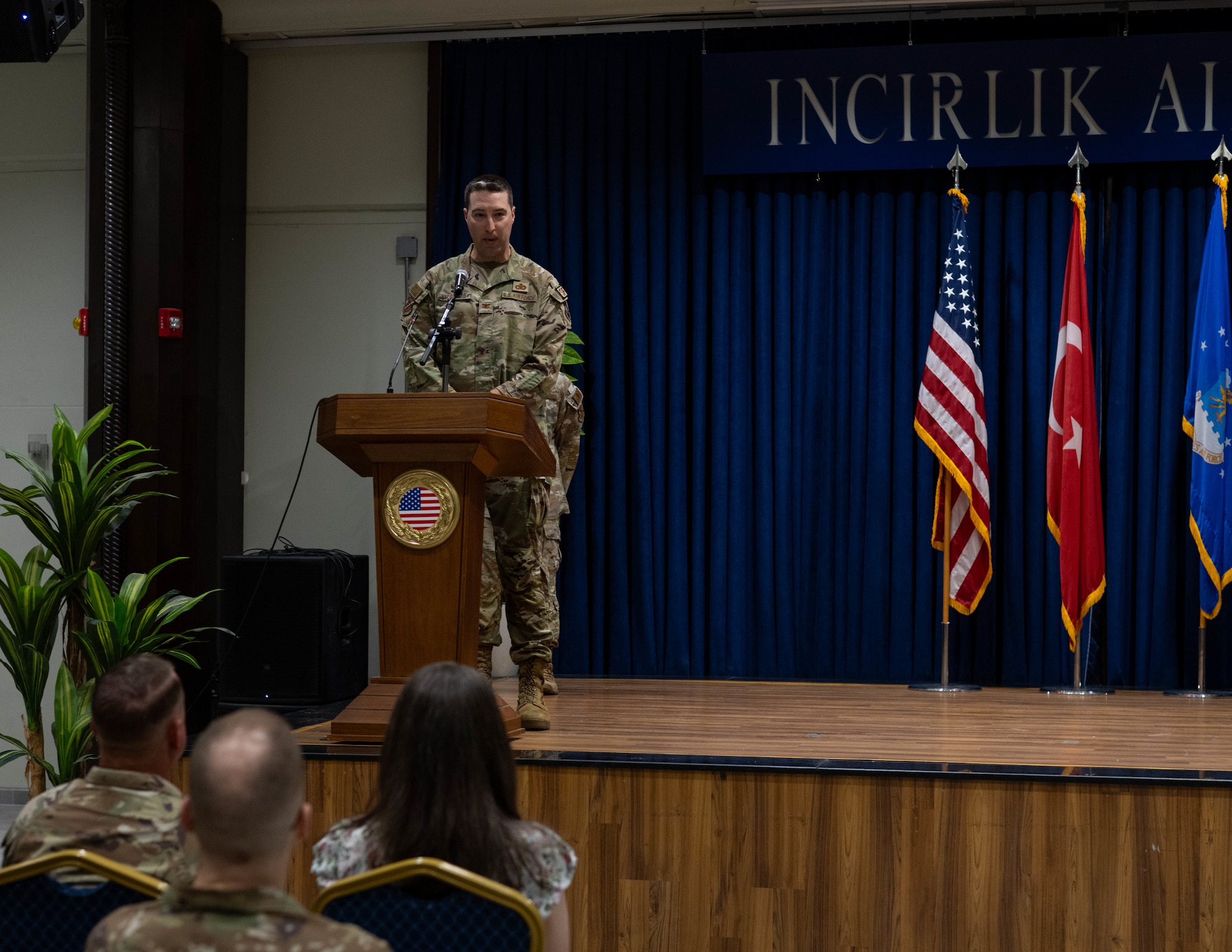 U.S. Air Force Col. Matthew McGinnis, 39th Weapons Systems Security Group incoming commander, gives a speech.