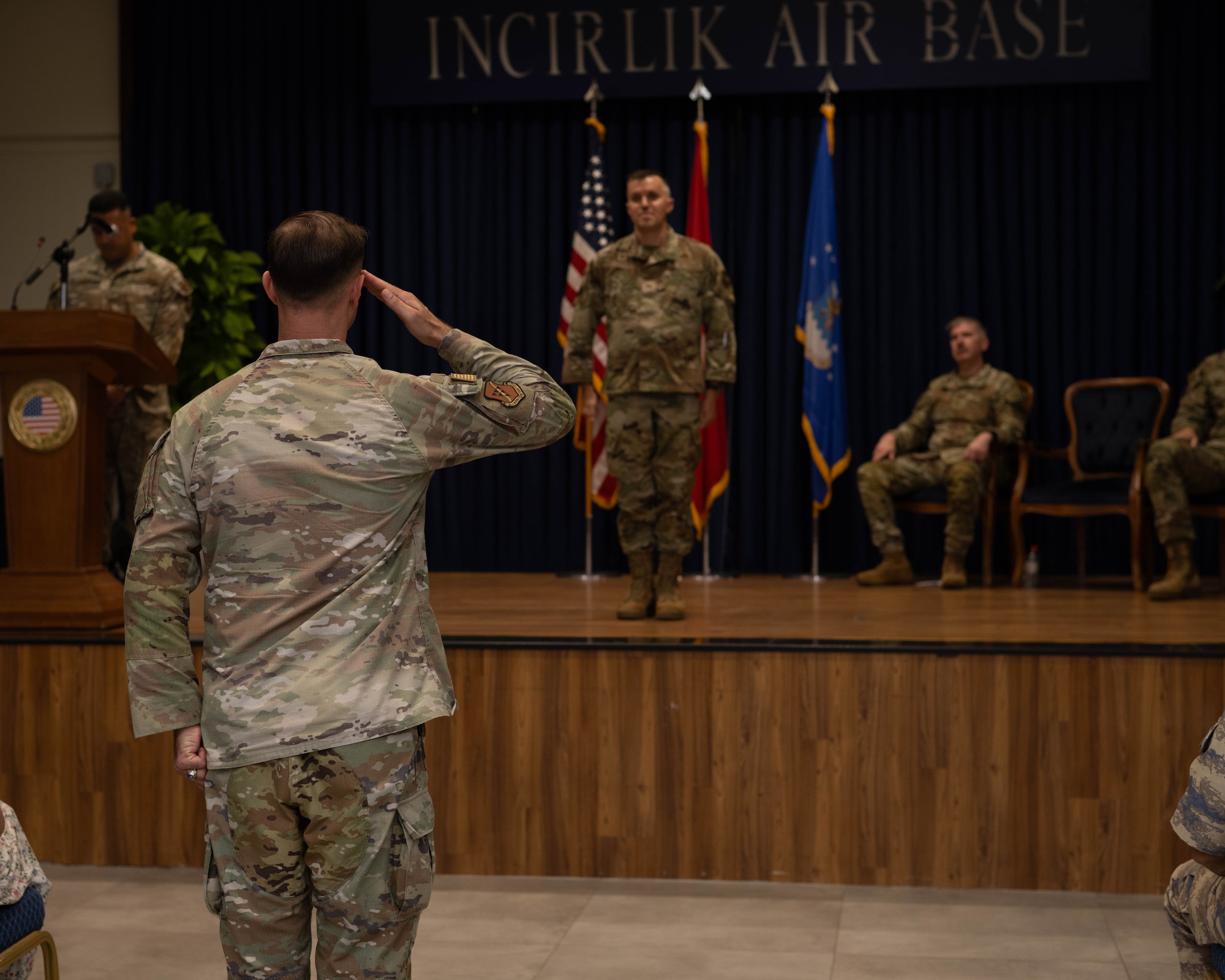 U.S. Air Force Lt. Col. Devon Bledsoe, 39th Weapons Systems Security Group deputy commander, renders a final salute to Col. John Szczepanski, 39th WSSG outgoing commander.