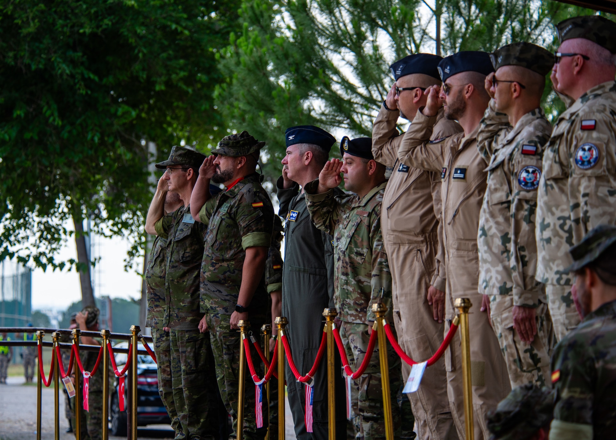 U.S., Spanish, Turkish, and Polish service members render a salute.